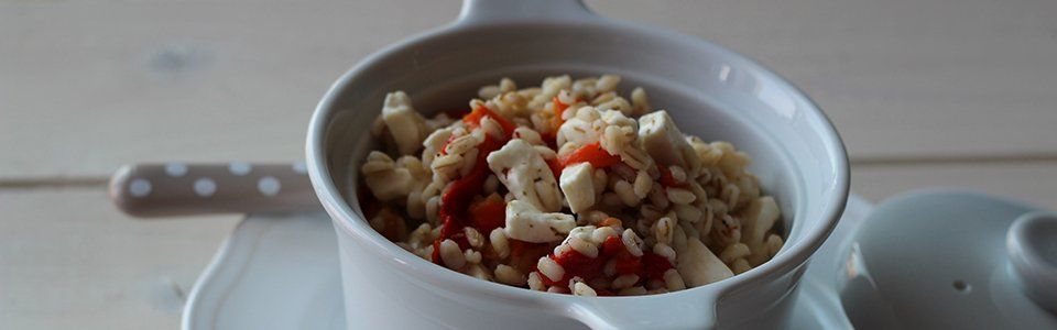 Insalata tiepida di orzo, peperoni al forno e primo sale