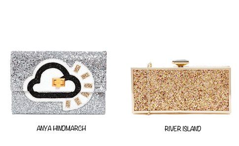 Clutch argentata di Anya HindMarch e dorata di River Island