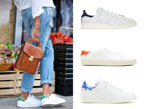 Sneakers bianche. Dall'alto: le sneakers di Adidas, Isabel Marant e Saint Laurent