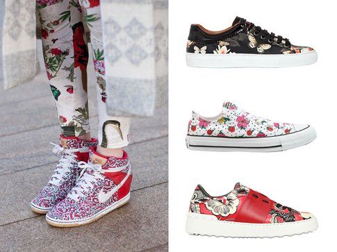 Sneakers con stampe floreali. Dall'alto: le sneakers di Givenchy, Converse e Valentino