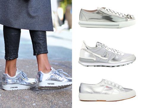 Sneakers metallizzate. Dall'alto: le sneakers di Nike, Miu Miu e Superga