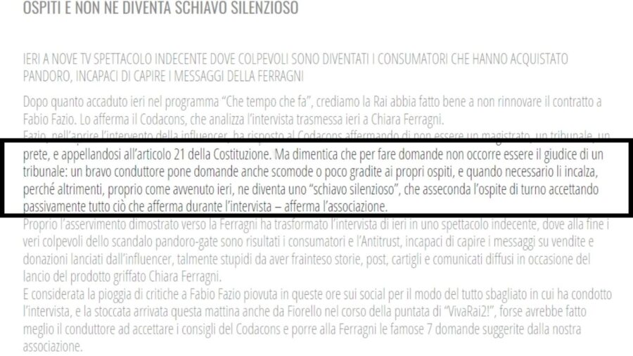 Il Codacons critica l'intervista di Fabio Fazio a Chiara Ferragni