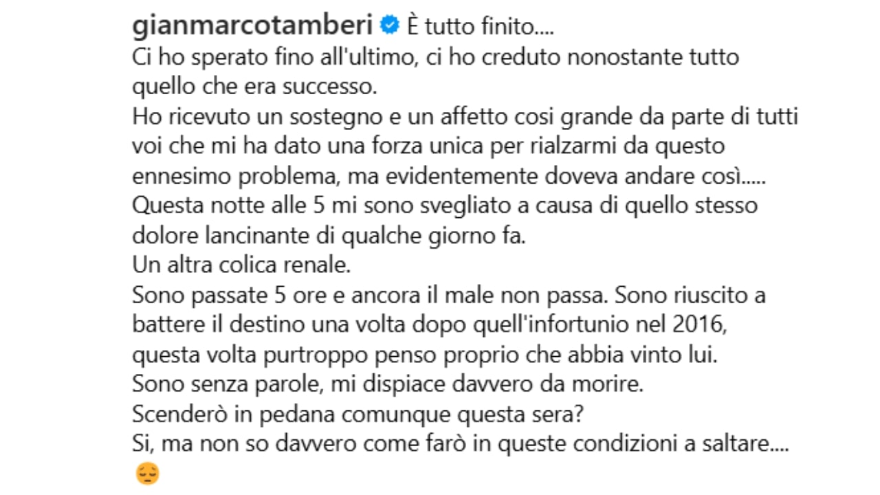 Gianmarco Tamberi writes a post on Instagram