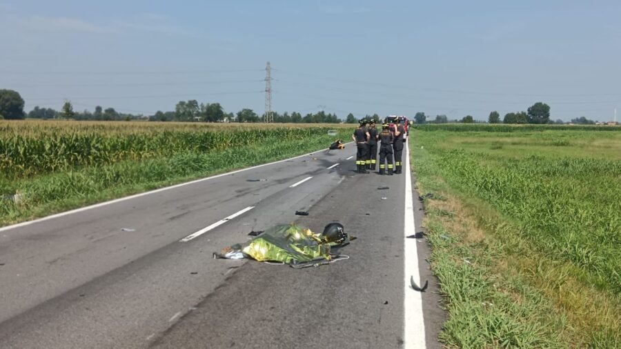 Road accident, motorcyclist hits a truck